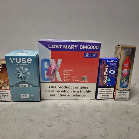 APPROXIMATELY 20 ASSORTED E-CIGARETTE PRODUCTS TO INCLUDE - LOST MARY , FUMOT , MAD EYES ETC