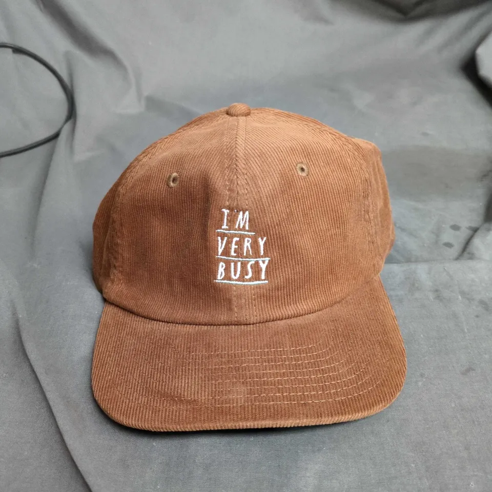 BROWN CORDUROY CAP WITH I'M VERY BUSY EMBROIDERY