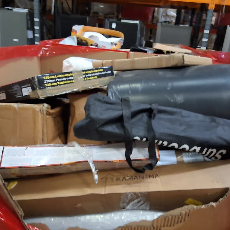 PALLET OF ASSORTED HOUSEHOLD GOODS AND PRODUCTS TO INCLUDE;FLOOR CUTTER,CAMPING STOOL,INSECT BUG KILLER