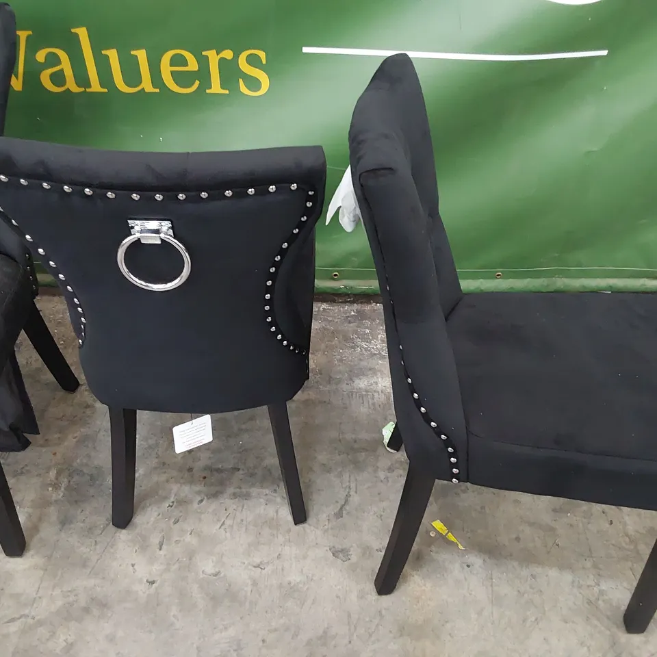 SET OF FOUR UPHOLSTERED BUTTONED RING BACK DINING CHAIRS BLACK PLUSH FABRIC ON BLACK LEGS