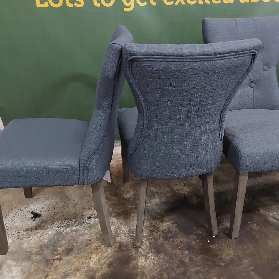 SET OF FOUR DESIGNER UPHOLSTERED BUTTONED BACK DINING CHAIRS GREY FABRIC ON SILVERED LEGS 