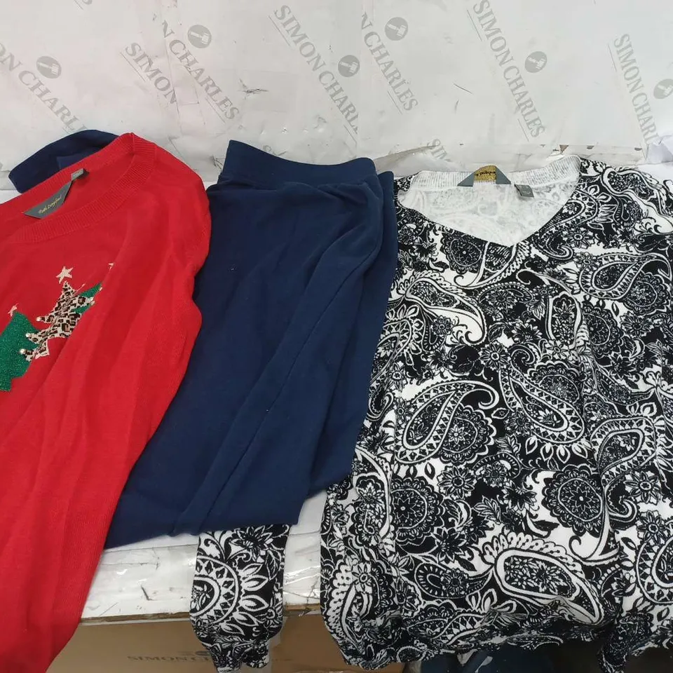 LARGE QUANTITY OF ASSORTED CLOTHING TO INCLUDE SWEATERS, TOPS, PANTS, ETC