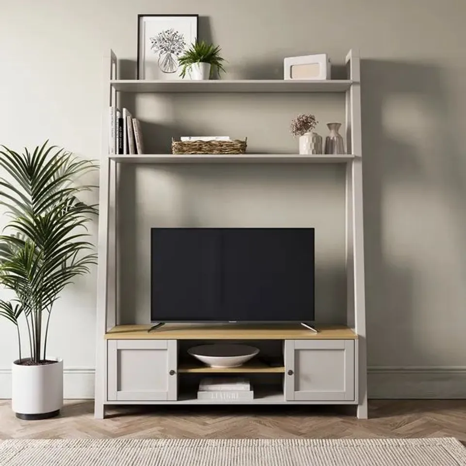 BOXED OLNEY LADDER TV UNIT FOR TVS UP TO 60", STONE (2 BOXES)