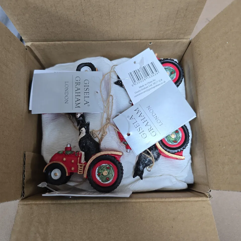 BOX OF APPROXIMATELY 12 GISELA GRAHAM DOG IN A TRACTOR HANGING TREE DECORATIONS