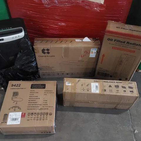 PALLET OF ASSORTED CONSUMER PRODUCTS TO INCLUDE: COOKER HOOD, OIL FILLED RADIATOR, OFFICE CHAIR, COUNTERBALANCE MONITOR ARM, PAPER SHREDDER ECT