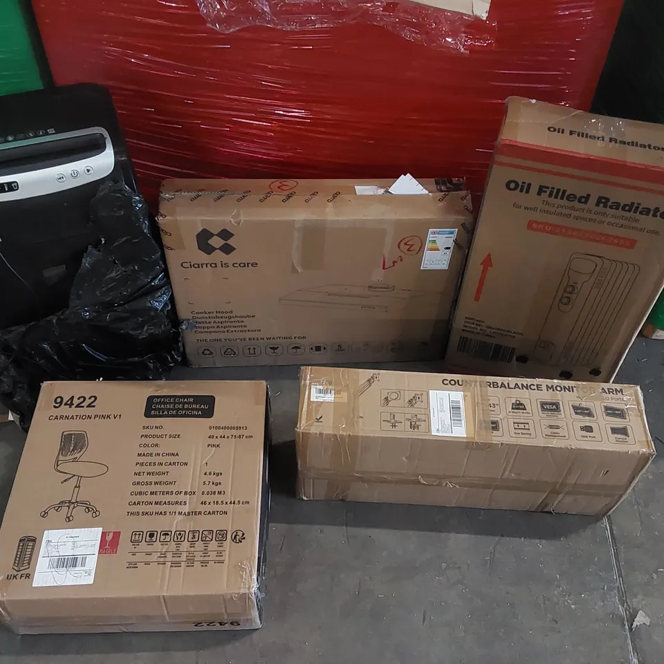 PALLET OF ASSORTED CONSUMER PRODUCTS TO INCLUDE: COOKER HOOD, OIL FILLED RADIATOR, OFFICE CHAIR, COUNTERBALANCE MONITOR ARM, PAPER SHREDDER ECT