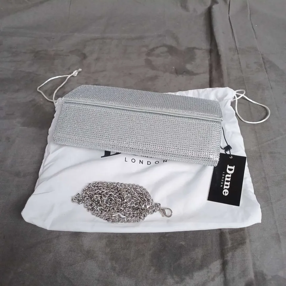 DUNE LONDON STRUCTURED FOLDOVER CLUTCH IN SILVER DIAMANTES