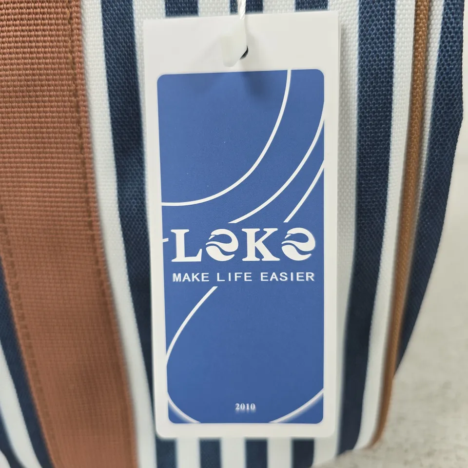 LEKESKY WEEKEND OVERNIGHT BAG – NAVY & WHITE STRIPE, BROWN HANDLES
