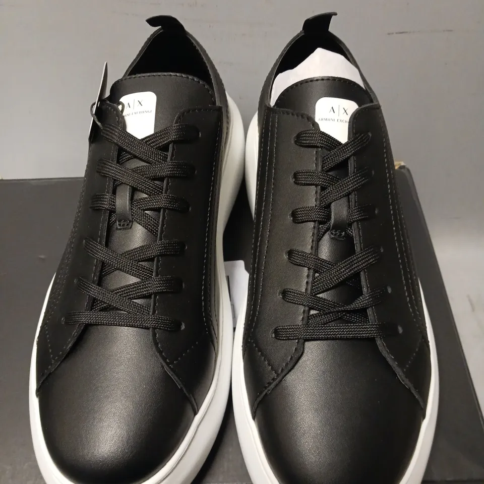 BOXED PAIR OF ARMANI EXCHANGE PLATFORM TRAINERS, BLACK/WHITE - UK SIZE 7