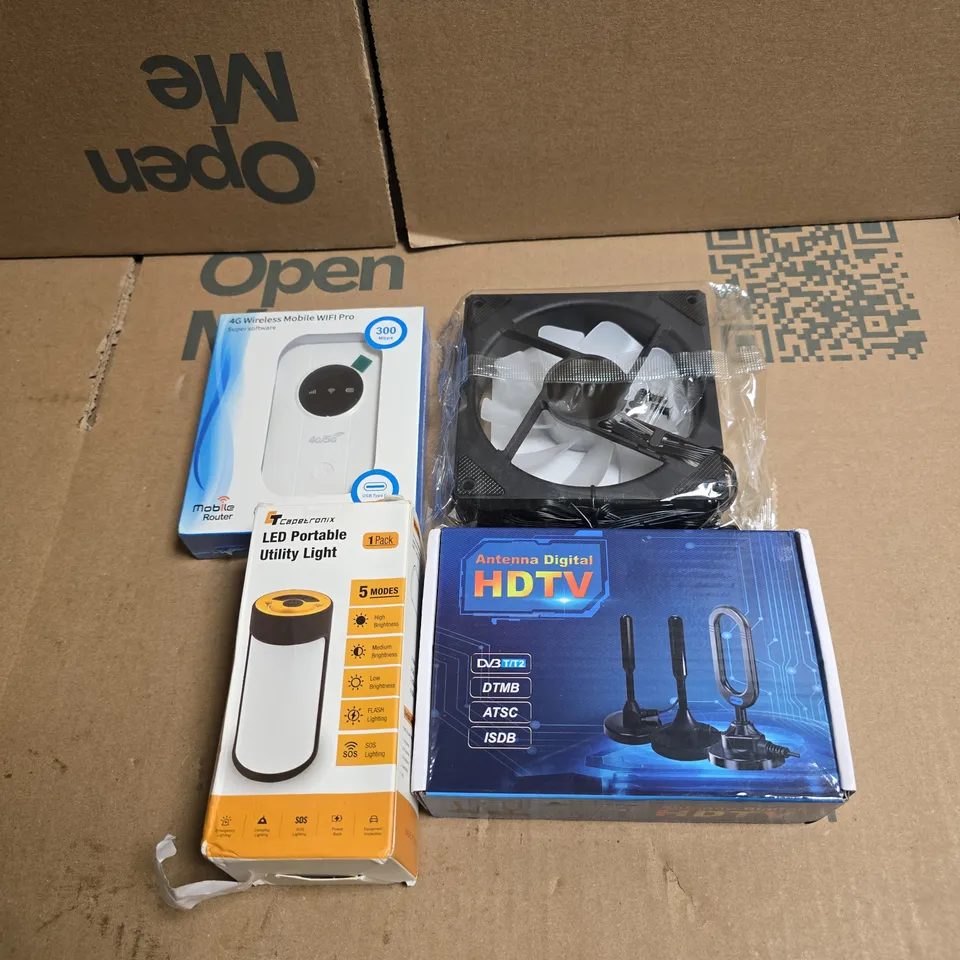 TOTE OF APPROXIMATELY 12 ASSORTED ITEMS TO INCLUDE DIGITAL ANTENNA, UTILITY LIGHT, 4G WIRELESS MOBILE WIFI PRO ETC