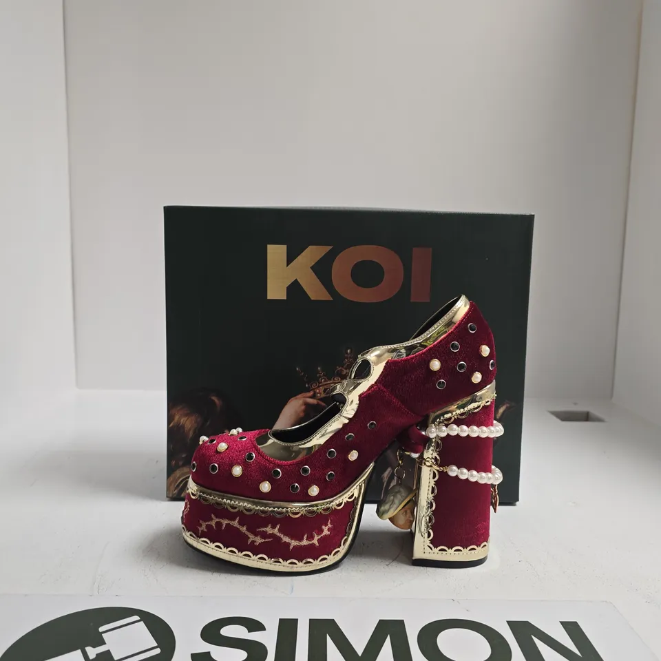 KOI BOLEYN'S VENGEANCE VELVET PLATFORM HEELS WITH PEARL EMBELLISHMENTS – BURGUNDY RED UK SIZE 5