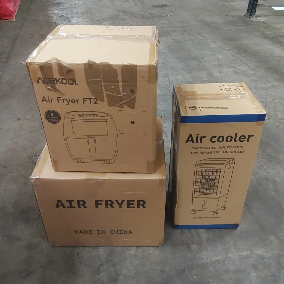 PALLET OF ASSORTED HOUSEHOLD ITEMS AND CONSUMER PRODUCTS TO INCLUDE; AIR FRYERS, AIR COOLERS, BOXED FURNITURE ETC 