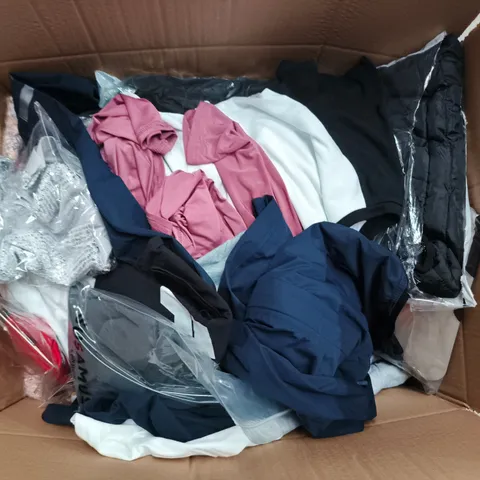 LARGE BOX OF APPROXIMATELY 25 ASSORTED CLOTHING ITEMS IN VARIOUS COLOURS, STYLES AND SIZES - COLLECTION ONLY