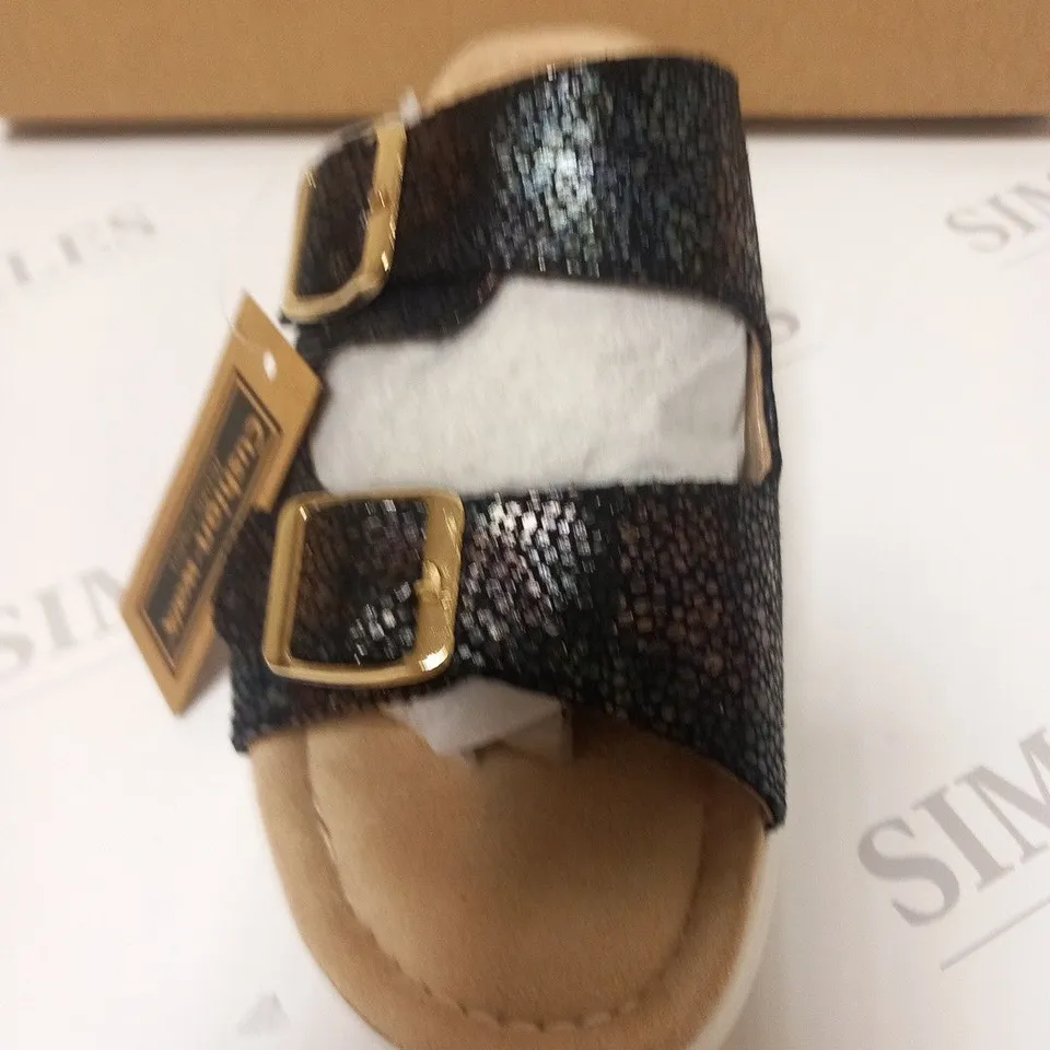 BOXED PAIR OF CUSHION WALK DOUBLE BUCKLE MULES IN BLACK - SIZE 3