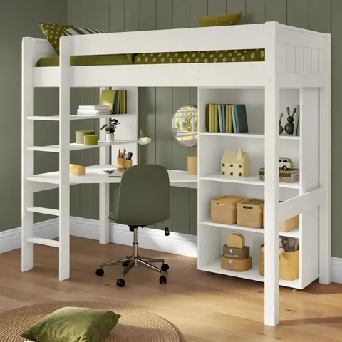 NEW CLASSIC HIGHSLEEPER WITH INTEGRATED DESK AND SHELVING AND TALL BOOKCASE (5 PARTS) 