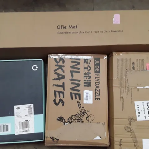 PALLET TO CONTAIN AN ASSORTMENT OF HOUSEHOLD ITEMS TO INCLUDE REVERSIBLE BABY MAT, SKATE, KIDS SCOOTER AND SHOWER SYSTEM ECT