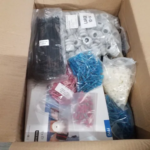 BOX CONTAINING ASSORTED TOOLS & ELECTRICAL INCLUDING HEAT SHRINK  CONNECTORS, FACE MASKS, ZIP TIES & SANDING DISCS