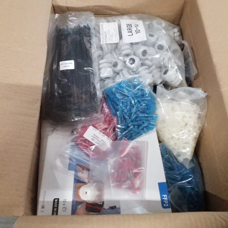 BOX CONTAINING ASSORTED TOOLS & ELECTRICAL INCLUDING HEAT SHRINK CONNECTORS, FACE MASKS, ZIP TIES & SANDING DISCS