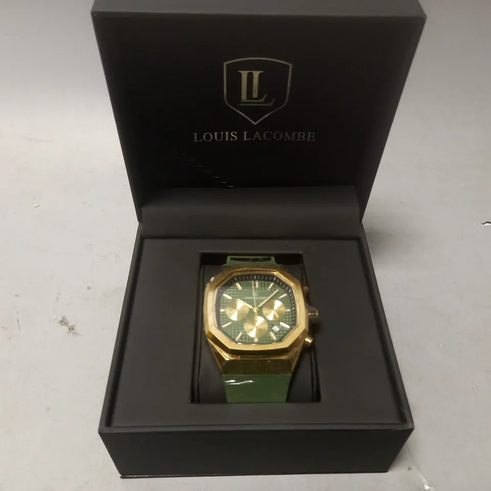 MENS LOUIS LACOMBE CHRONGRAPH WATCH – 3 SUB DIALS – GOLD COLOUR CASE – GREEN RUBBER STRAP