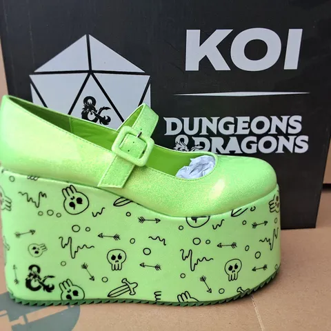 BRAND NEW BOXED KOI D&D GLABAGOOL GELATINOUS CUBE WEDGE MARY JANES IN GREEN - UK 6