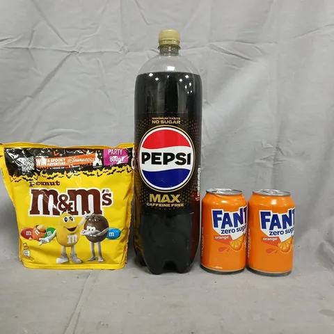 APPROXIMATELY 5 ASSORTED FOOD AND DRINK ITEMS TO INCLUDE FANTA, PEPSI, PEANUT M&MS, ETC