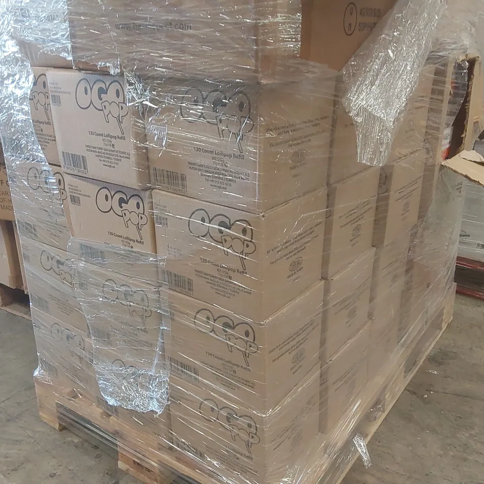 PALLET CONTAINING A LARGE QUANTITY OF ASSORTED ITEMS INCLUDING: APPROXIMATELY 4000 OGO LOLLIPOPS, 100 PUMPKIN LIGHTS, 450 MIXED SUNGLASSES, ASSORTED CAR MIST DEHUMIDIFIERS ECT