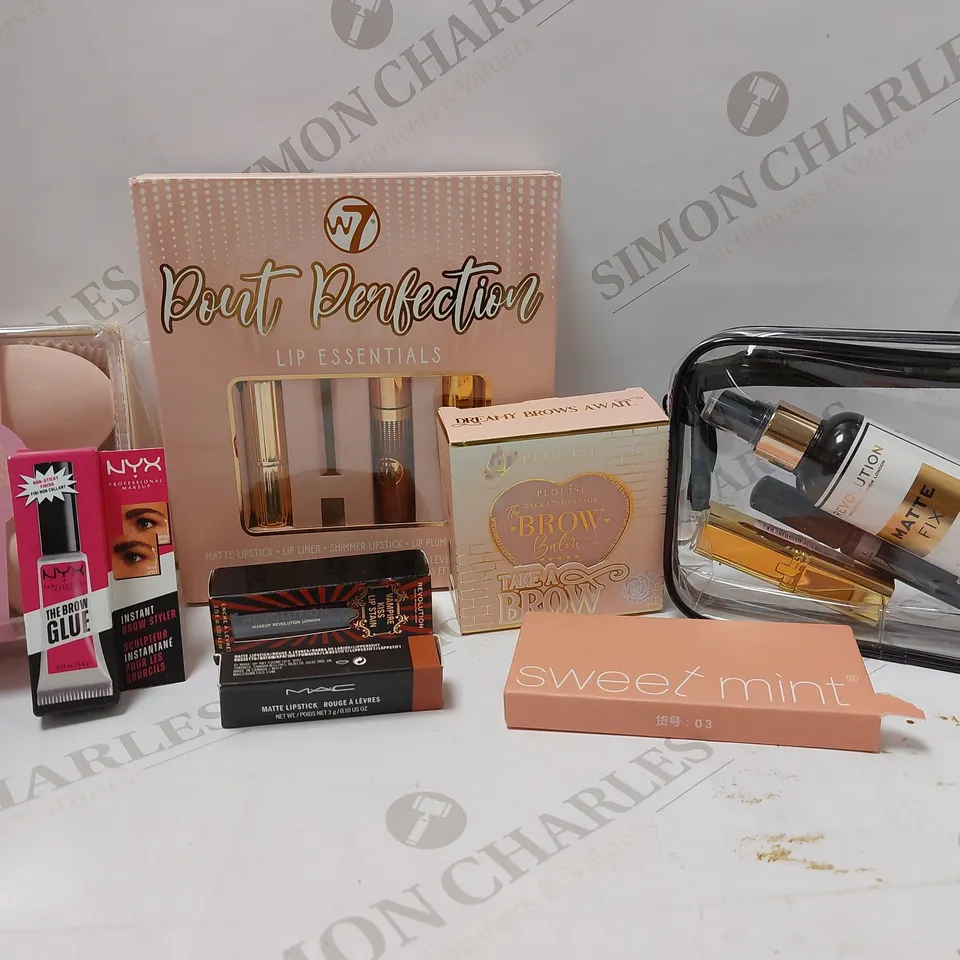 LOT OF APPROX 8 ASSORTED MAKEUP PRODUCTS TO INCLUDE NYX THE BROW GLUE, MAC VELVET TEDDY MATTE LIPSTICK, PLOUISE TAKE A BROW, ETC