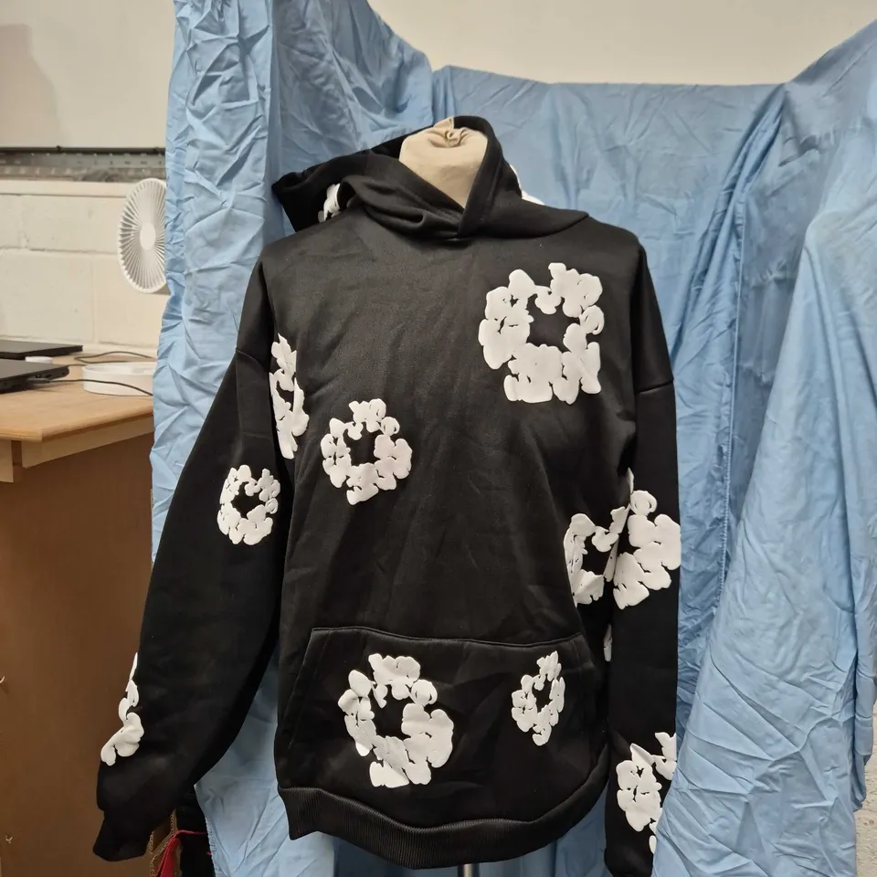 DENIM TEARS HOODIE – BLACK WITH WHITE FLORAL PRINT, SIZE S
