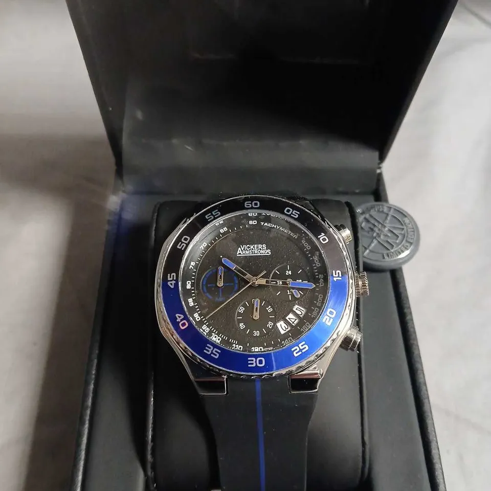 VICKERS ARMSTRONGS CHRONOGRAPH  LIMITED EDITION HAND-ASSEMBLED HARRIER QUARTZ– BLACK DIAL, BLUE BEZEL, BOXED