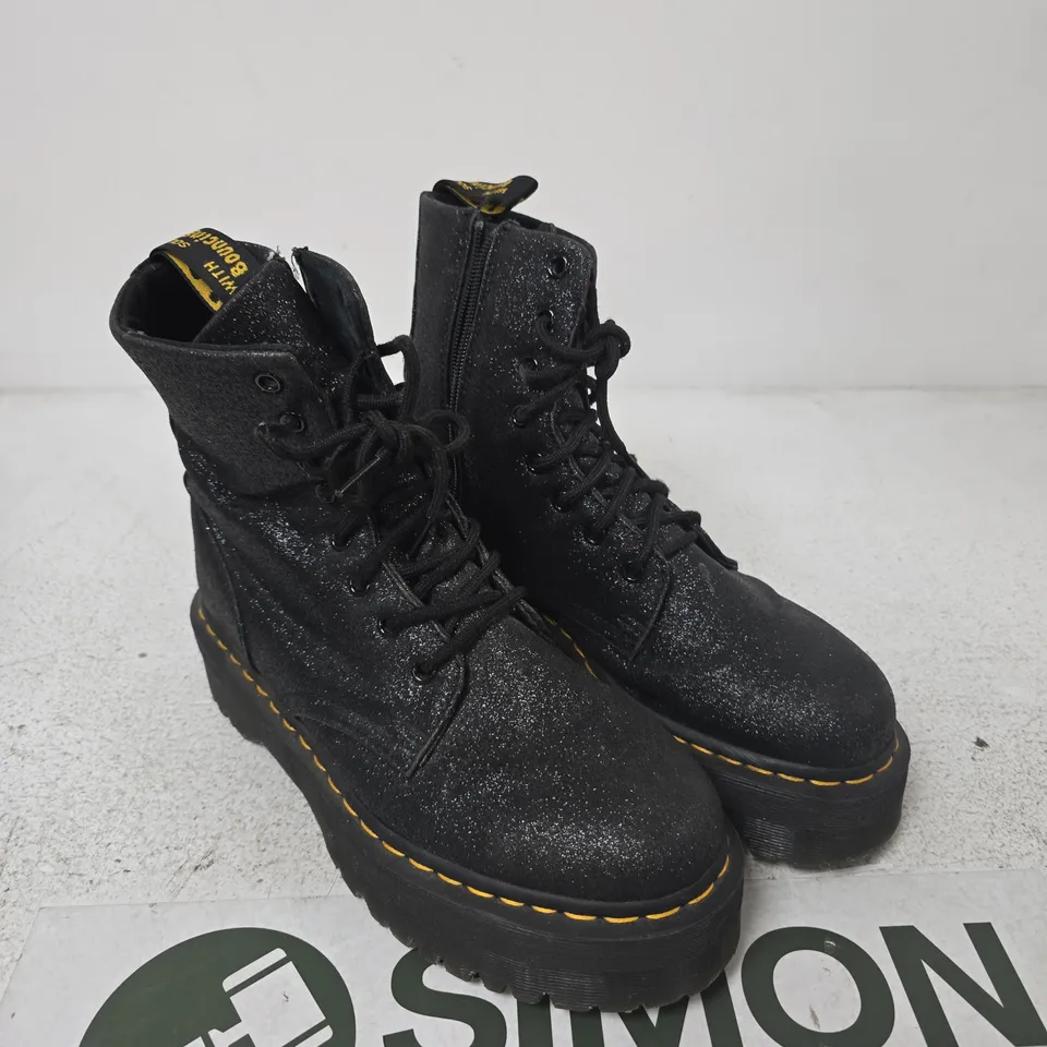 DR. MARTENS JADON GLITTER BOOTS – BLACK GLITTER, UK 8