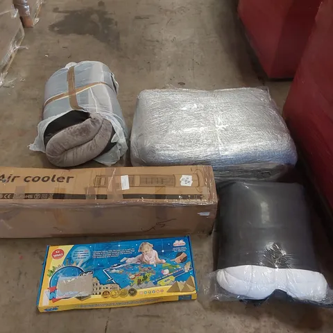 PALLET OF ASSORTED ITEMS INCLUDING: AIR COOLER, MATTRESS, BEDDING, DOG BED, KIDS MAP POSTER ECT