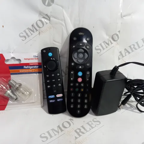 BOX OF APPROXIMATELY 6 ASSORTED ITEMS TO INCLUDE - FIRE STICK REMOTE - STATUS REFRIDGEATOR LIGHTS - SKY REMOTE ECT