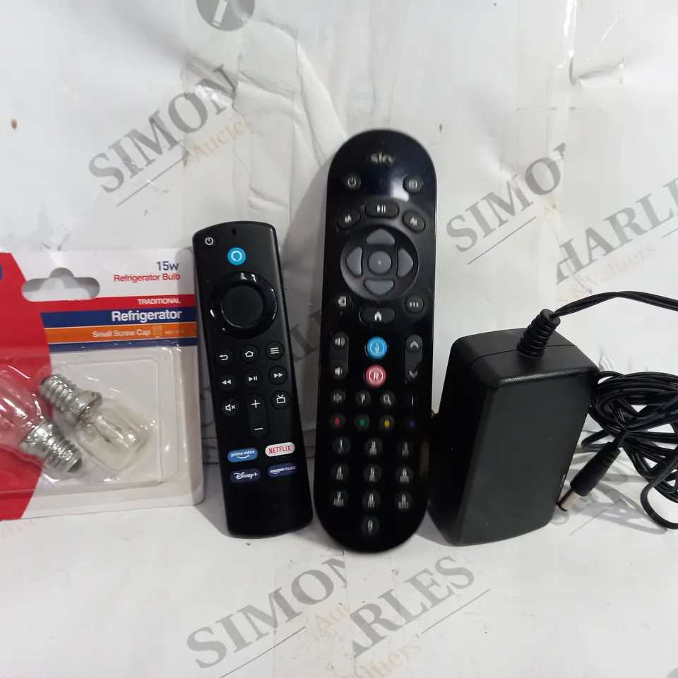 BOX OF APPROXIMATELY 6 ASSORTED ITEMS TO INCLUDE - FIRE STICK REMOTE - STATUS REFRIDGEATOR LIGHTS - SKY REMOTE ECT