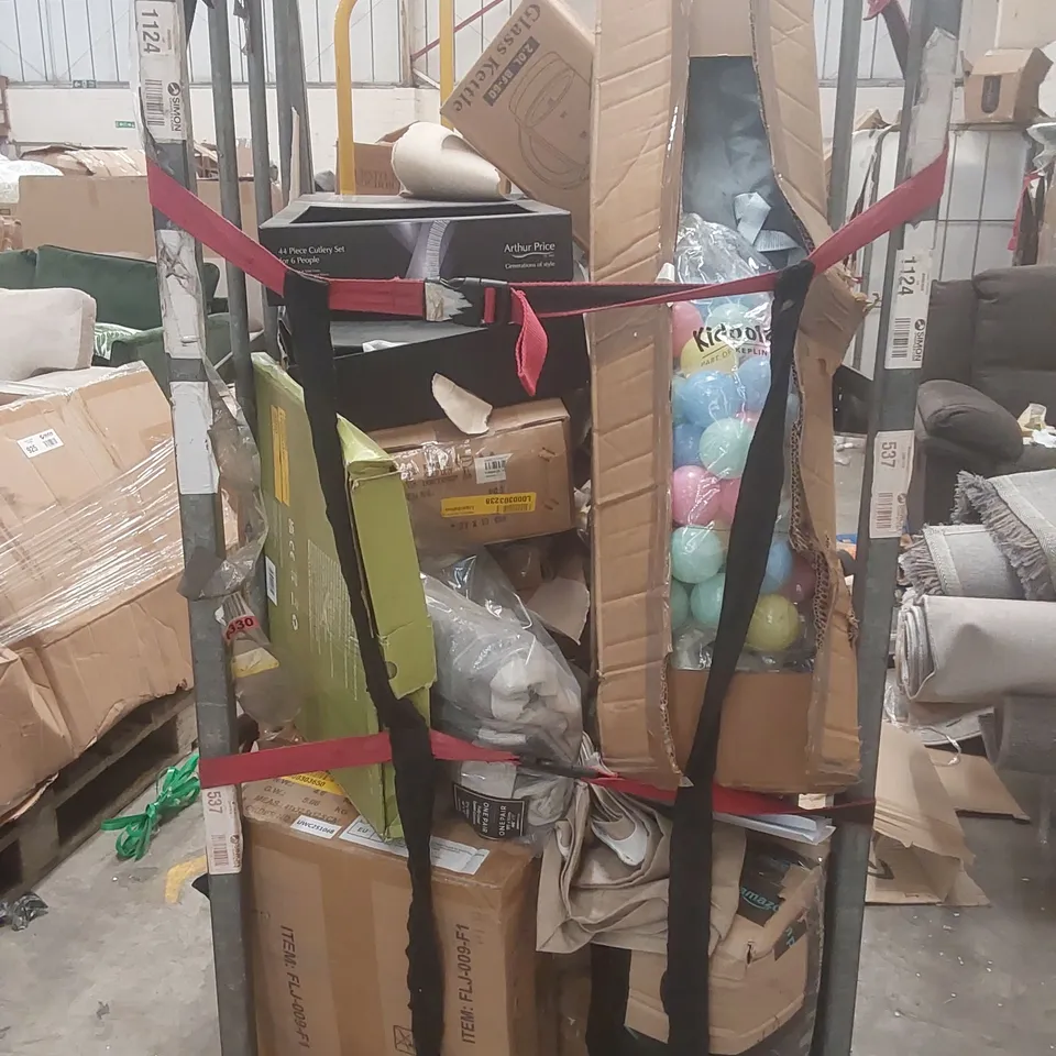 CAGE CONTAINING A LARGE QUANTITY OF ASSORTED ITEMS INCLUDING: BABY PLAYPEN, PAINTING, GLASS KETTLE, DINNERWARE ECT // CAGE NOT INCLUDED