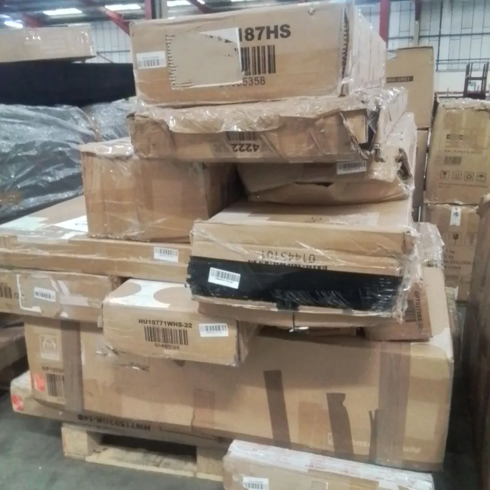 PALLET CONTAINING VARIOUS ASSORTED INCOMPLETE FURNITURE PARTS AND OTHER HOUSEHOLD ITEMS.