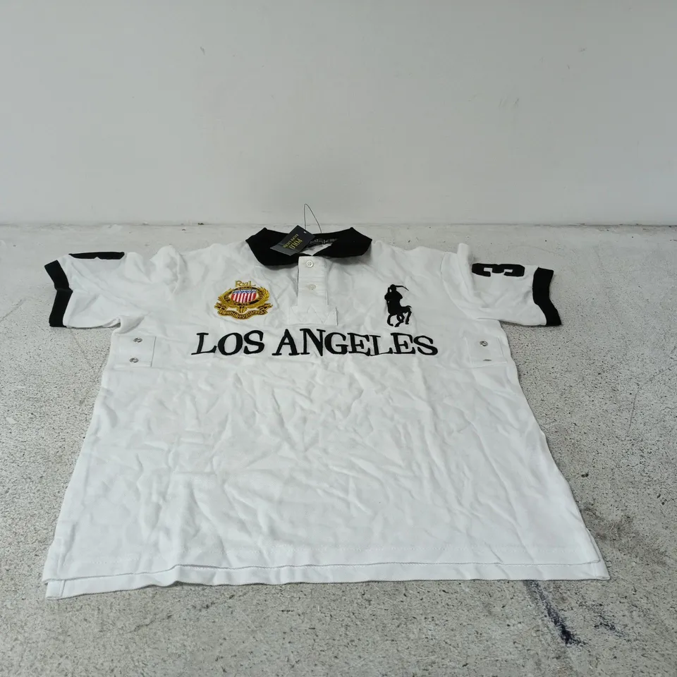 POLO RALPH LAUREN POLO SHIRT – WHITE WITH BLACK COLLAR, MEN'S, SIZE M