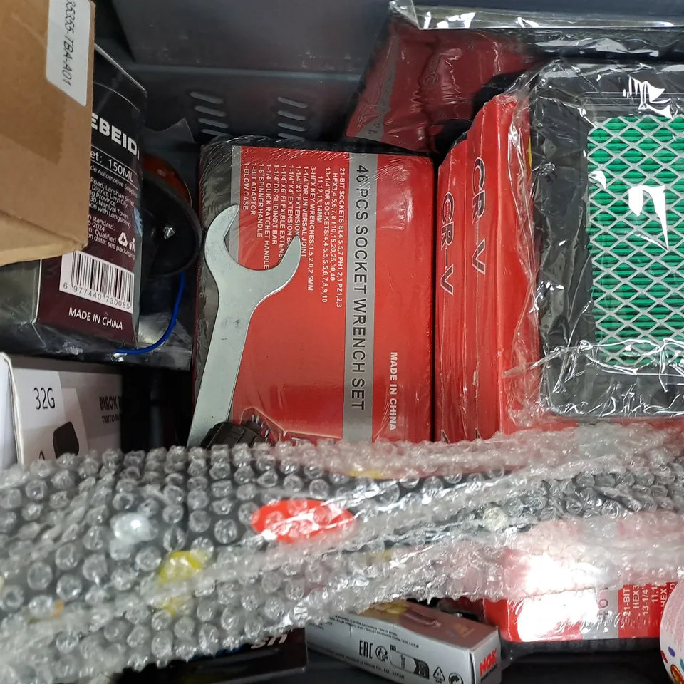APPROXIMATELY 10 ASSORTED CAR PARTS AND ACCESSORY ITEMS TO INCLUDE ENGINE TIMING TOOL SET, 46-PIECE SOCKET WRENCH SET, ETC