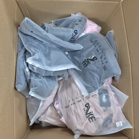 LARGE BOX OF ASSORTED CLOTHING ITEMS IN VARIOUS COLOURS, STYLES AND SIZES