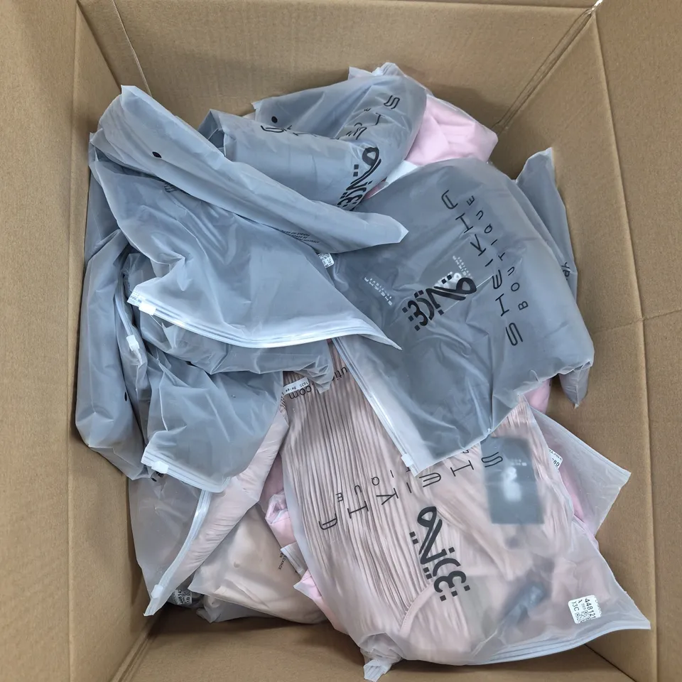 LARGE BOX OF ASSORTED CLOTHING ITEMS IN VARIOUS COLOURS, STYLES AND SIZES