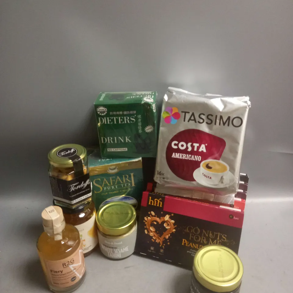 TOTE OF APPROX 12 ASSORTED FOOD ITEMS TO INCLUDE - SLIMMING WORLD HIFI BARS - COSTA AMERICANO CAPSULES - SUN&SEED ORGANIC WHITE SESAME TAHINI ETC