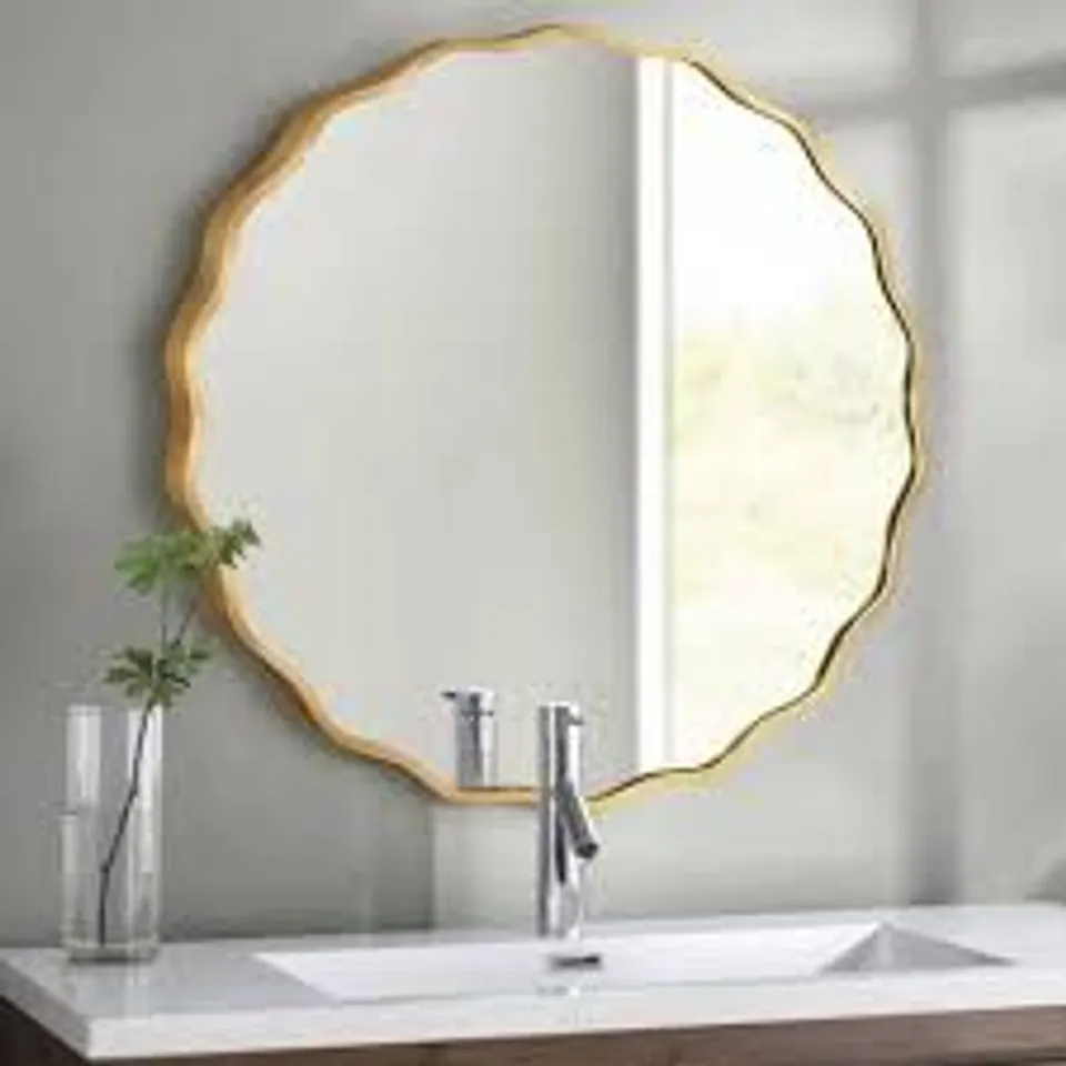 BOXED 57x57cm ROUND ALUMINUM, ALLOY FRAMED SCALLOPED WAVY WALL MIRROR - GOLD (1 BOX)