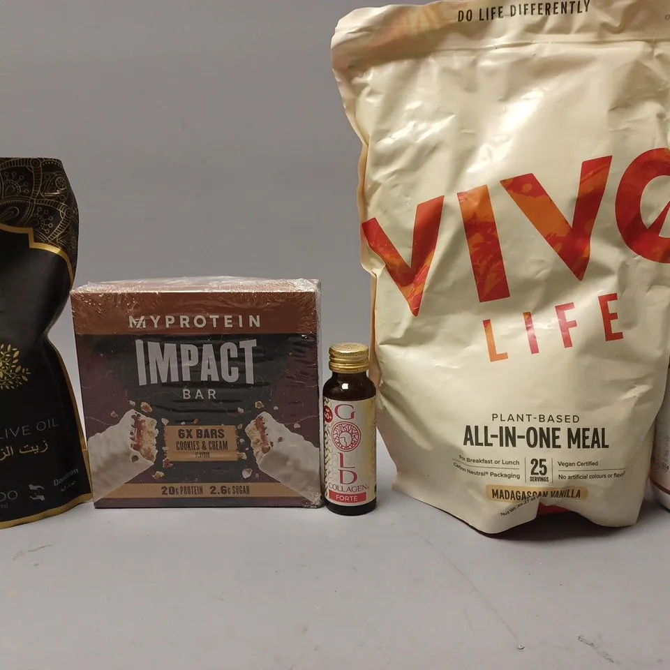 BOX OF APPROX 14 ASSORTED FOOD ITEMS TO INCLUDE - MY PROTEIN IMPACT BAR COOKIES & CREAM - VIVO LIFE ALL IN ONE MEAL - ZENII SKIN HEALTH FORMULA ECT