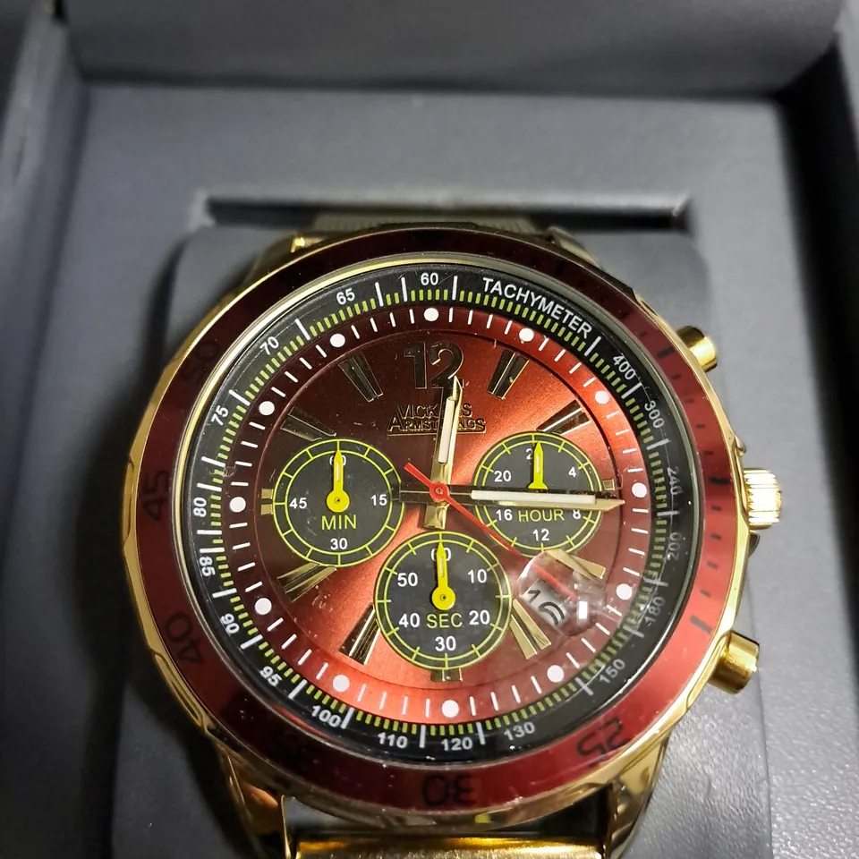 BOXED VICKERS ARMSTRONGS CHOPPER GOLD COLOUR CASE RED DIAL WATCH 