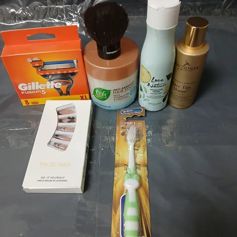 APPROXIMATEY 15 ASSORTED HEALTH AND BEAUTY PRODUCTS TO INCLUDE FALSE NAILS, TCB ANTI DANDRUFF HAIR FOOD AND GILLETTE RAZOR BLADES