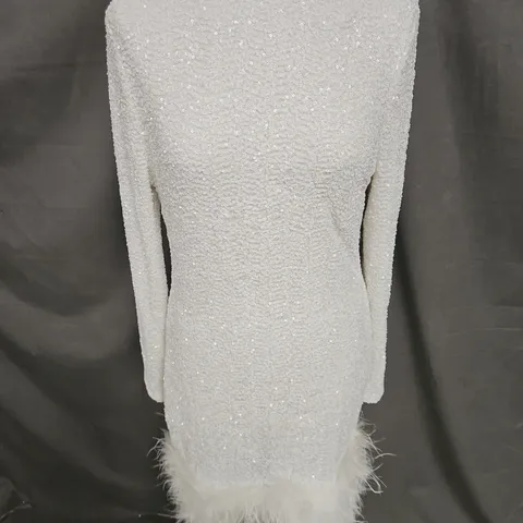 CLUB LONDON CLAUDIE SEQUIN HIGH NECK FEATHER HEM MINI DRESS IN WHITE SIZE 14