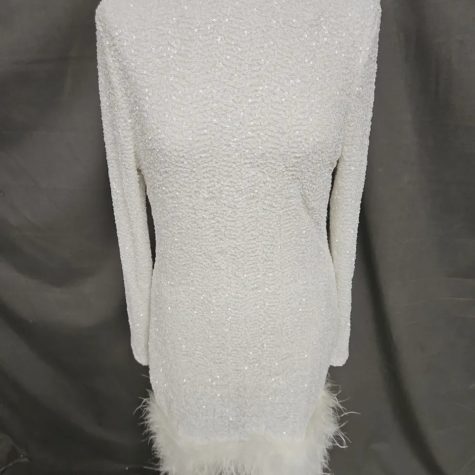 CLUB LONDON CLAUDIE SEQUIN HIGH NECK FEATHER HEM MINI DRESS IN WHITE SIZE 14