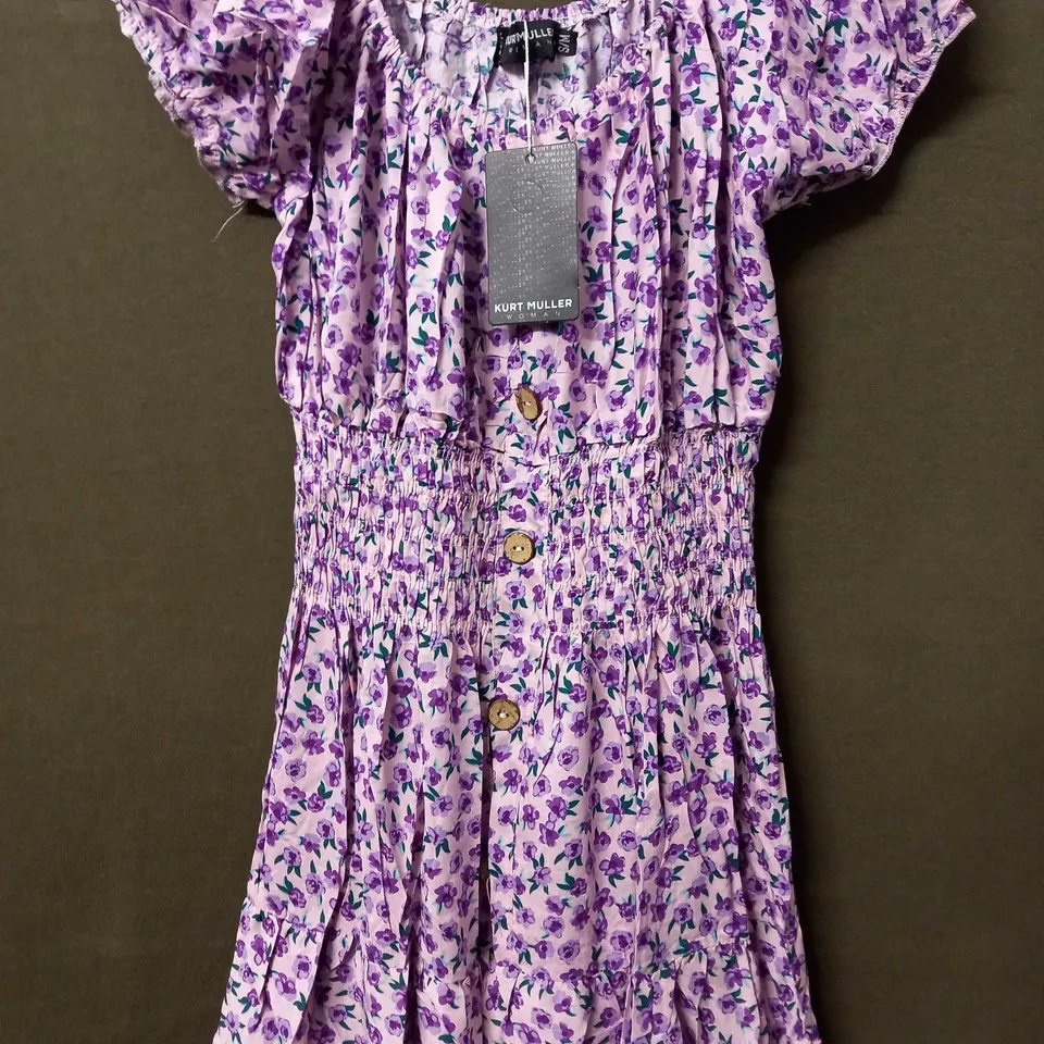 KURT MULLER WOMAN PUFFY SLEEVE MAXI DRESS IN FLORAL DESIGN IN PINK/PURPLE - S/M