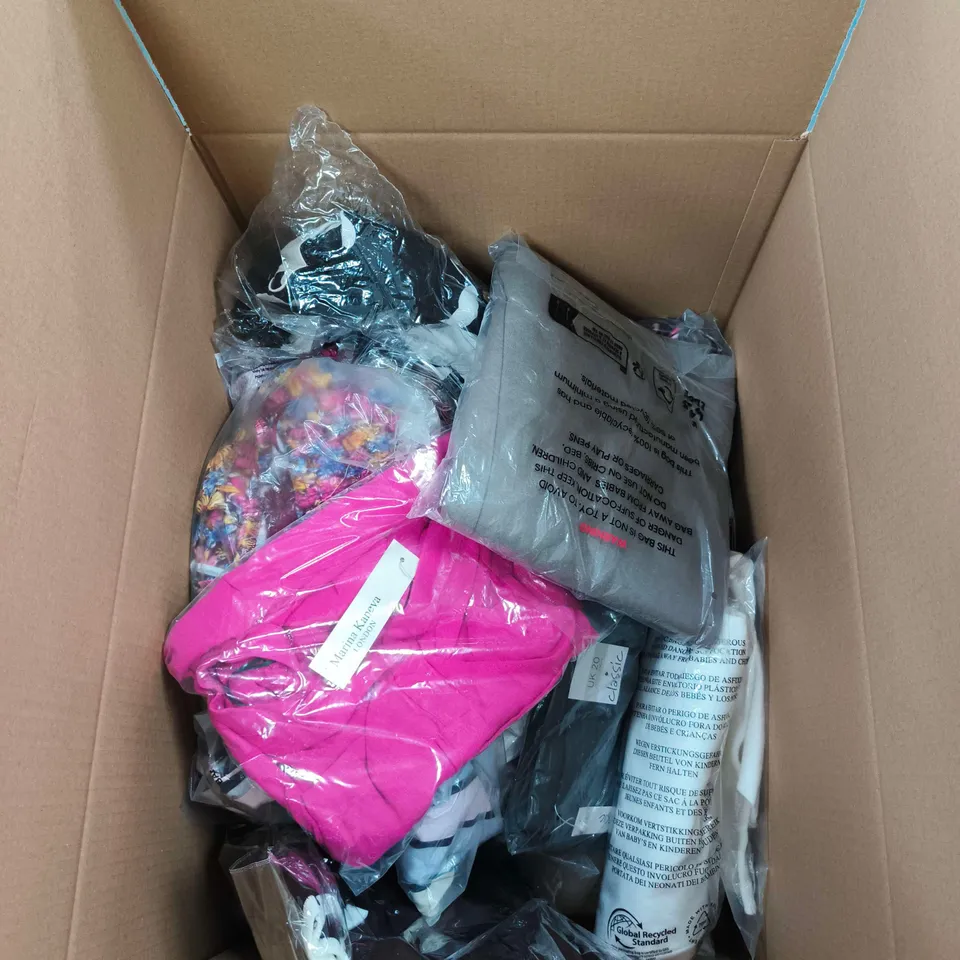 BOX OF APPROXIMATELY 25 ASSORTED CLOTHING ITEMS TO INCLUDE BRAVE SOUL LONDON, MARINA KANEVA LONDON ETC