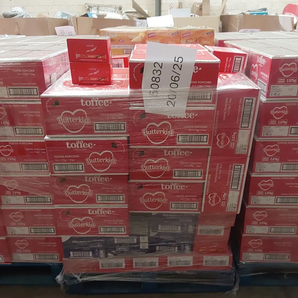 PALLET TO CONTAIN A MIXED ASSORTMENT OF BOXED SWEATS AND CONFECTIONERY ITEMS TO INCLUDE; BUTTERKIST TOFFEE POPCORN, CADBURY DAIRY MILK BUTTONS, LINDOR ORANGE BARS