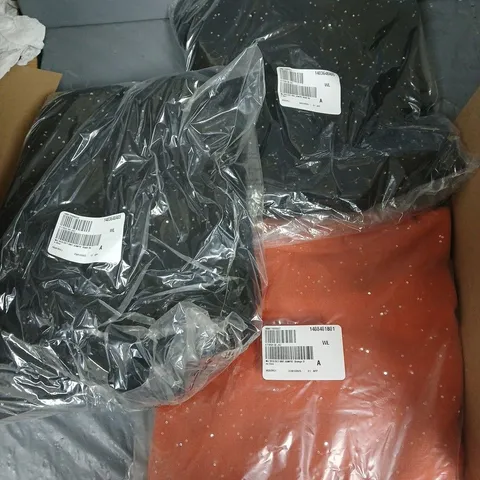 BOX OF ASSORTED CLOTHING ITEMS IN DIFFERENT SIZES AND COLOURS